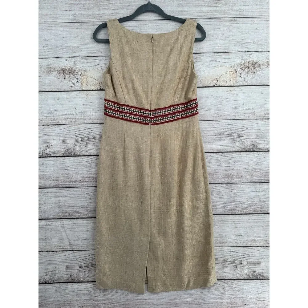 Tory Burch Woven Silk BOHO Midi‎ Dress Womens 8 Beige Red Lined Split Hem